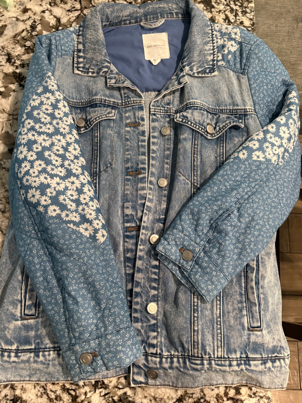 Avec Les Filles Light Blue Quilted Floral Denim Jacket
